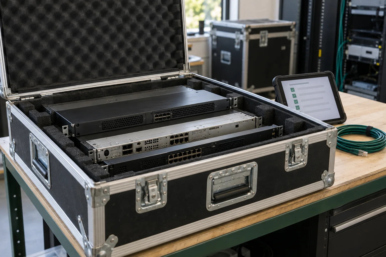 Illustrative network equipment packed in a protective case for relocation