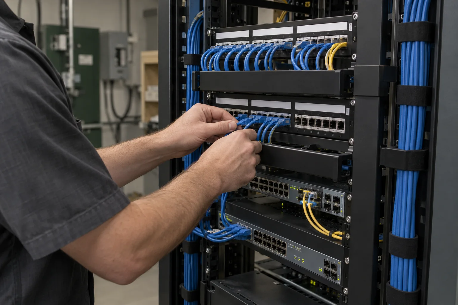 Illustrative technician organizing copper cabling in a communications rack