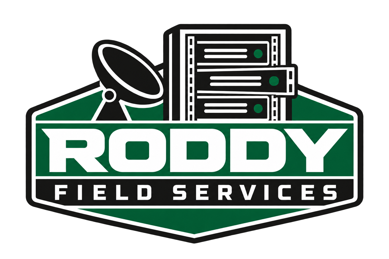 Roddy Field Services badge featuring an equipment rack and communications dish